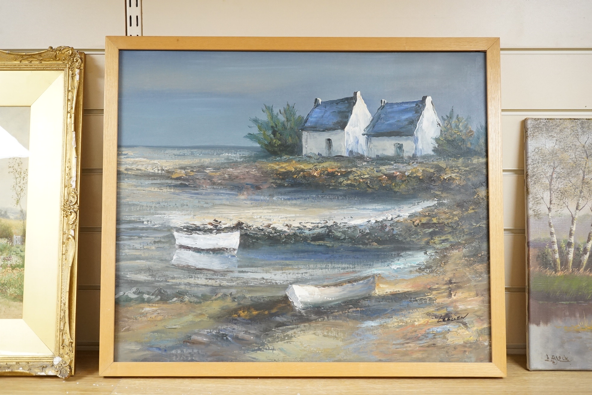 Jean LeGuen (French, 20th. C), oil on canvas, Brittany coastal scene with cottages, signed, 49 x 58cm. Condition - good